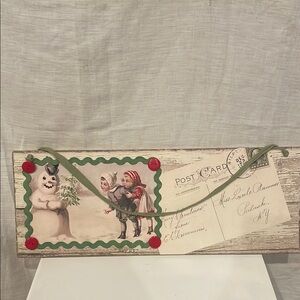 Vintage Holiday Postcard Wall Decor with Snowman and Elves - Multicolor